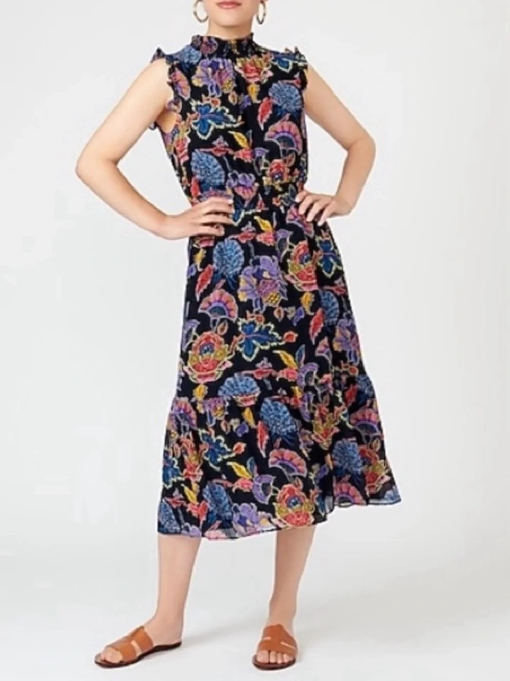 J. Crew Smocked Waist Bold Floral Print High Neck Sleeveless Summer Dress XS
